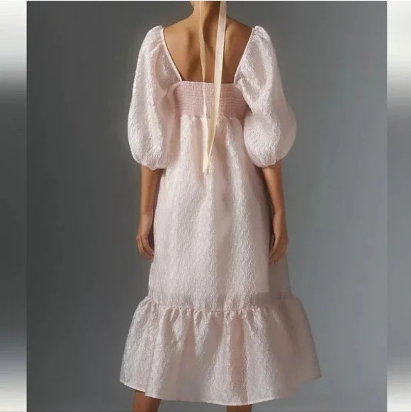 BY Anthropologie Textured Puff-Sleeve Midi pink Dress size Medium - Picture 6 of 6